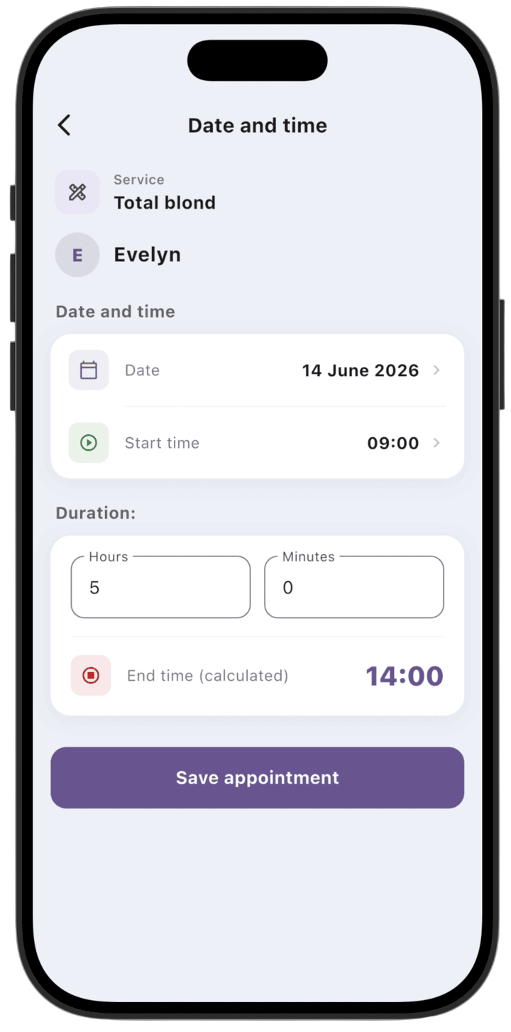 Screenshot: Set the service start date and time. The system automatically calculates the end time from the service duration.