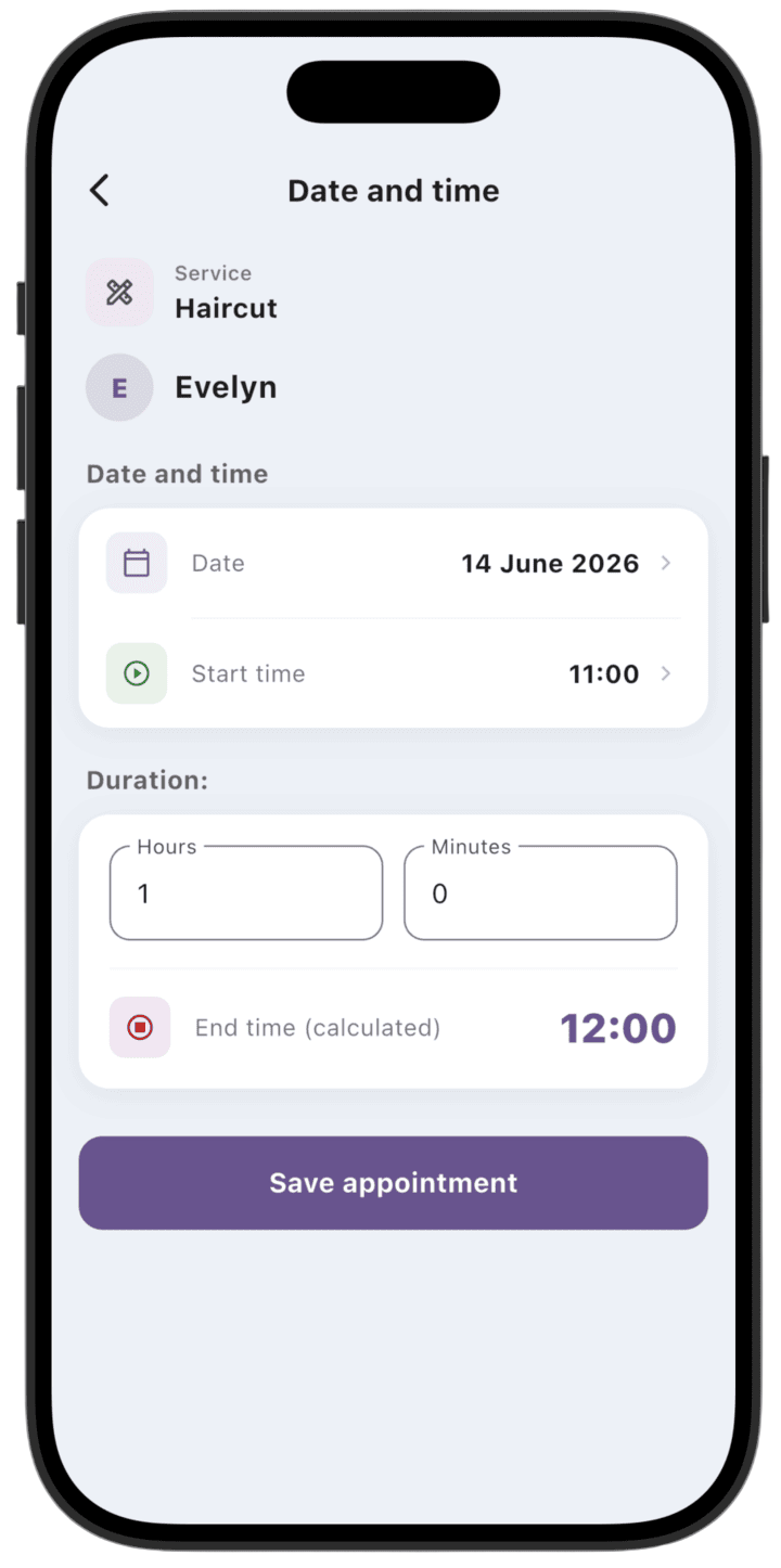Screenshot: You can book multiple services for one client with overlapping times — for example, hair color and a haircut.