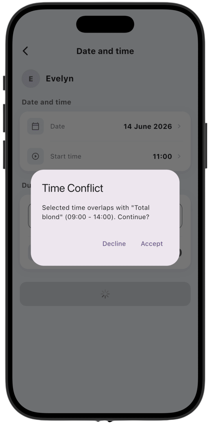 Screenshot: If the service time overlaps another appointment, the system warns you about a **Time Conflict**. You can continue creating the appointment or choose another time.