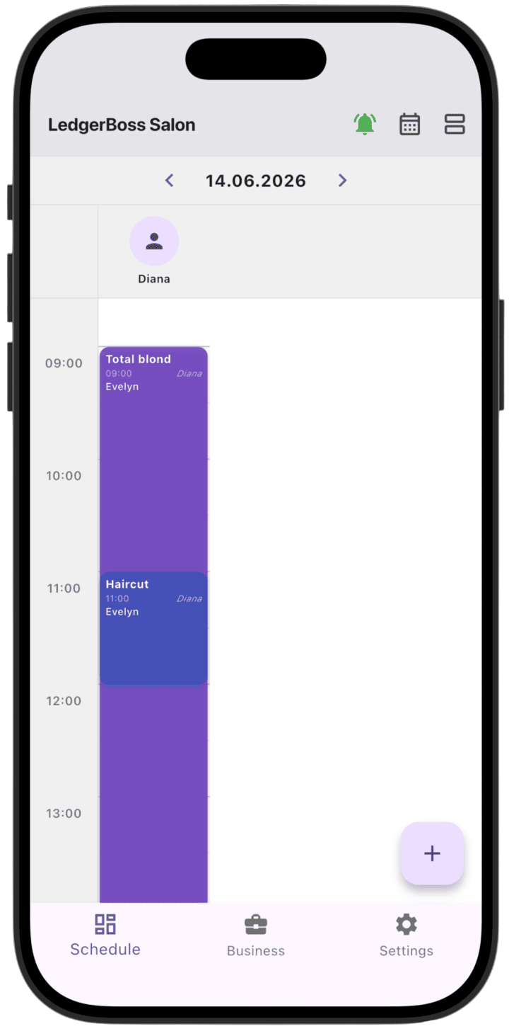 Screenshot: Created appointments appear in the daily calendar (**Daily view**).