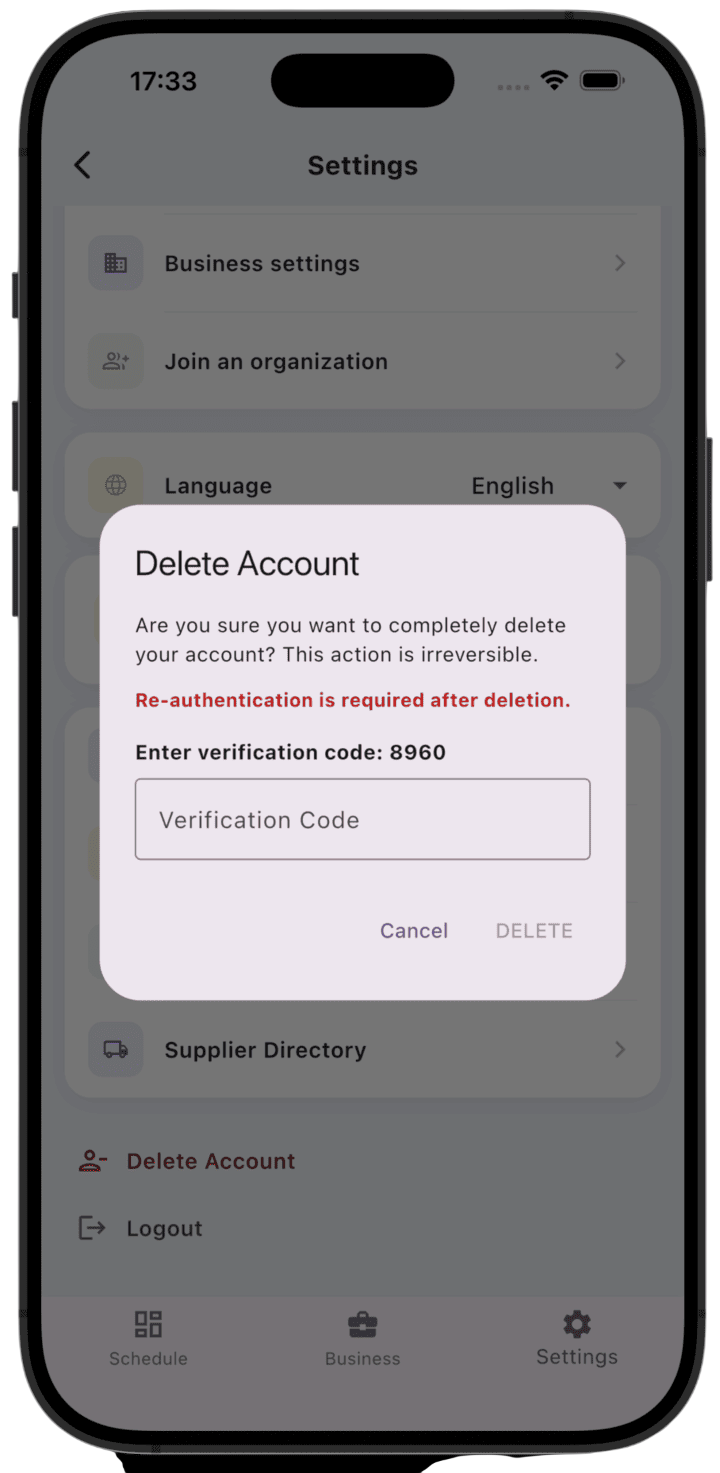 Screenshot: Account deletion confirmation dialog