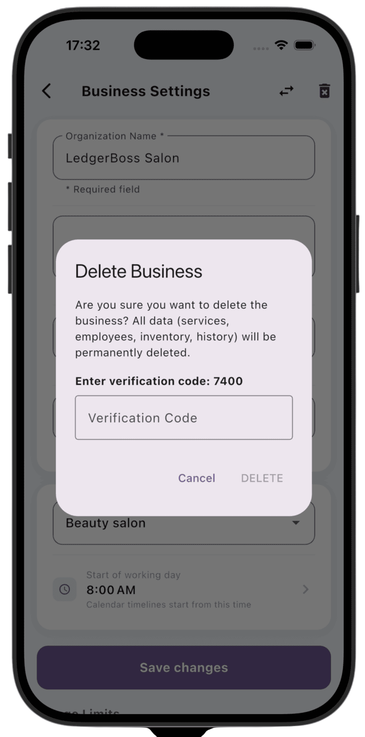Screenshot: Business deletion confirmation dialog