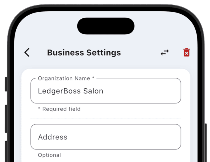 Screenshot: Trash icon in the top bar of the business settings screen