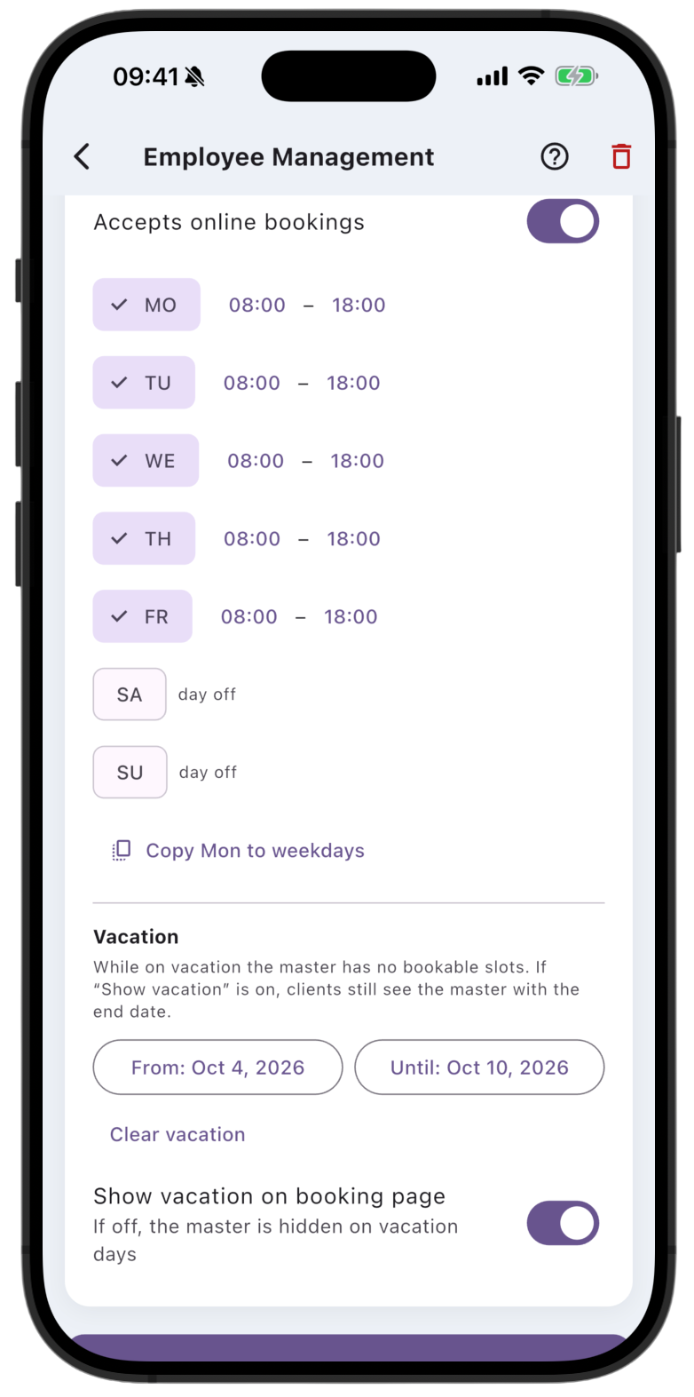 Screenshot: Turn on Accepts online bookings, set hours for each day, and add vacation if needed
