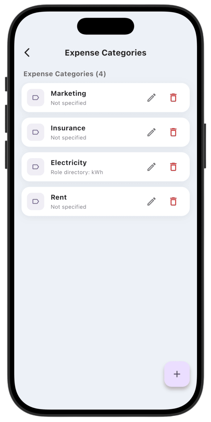 Screenshot: To create a new expense category, tap the + button in the bottom-right corner.