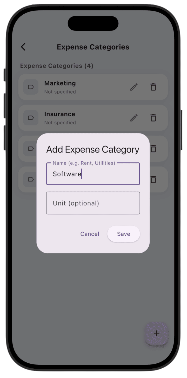 Screenshot: Enter the expense category name, units of measure (if needed), and tap **Save**.