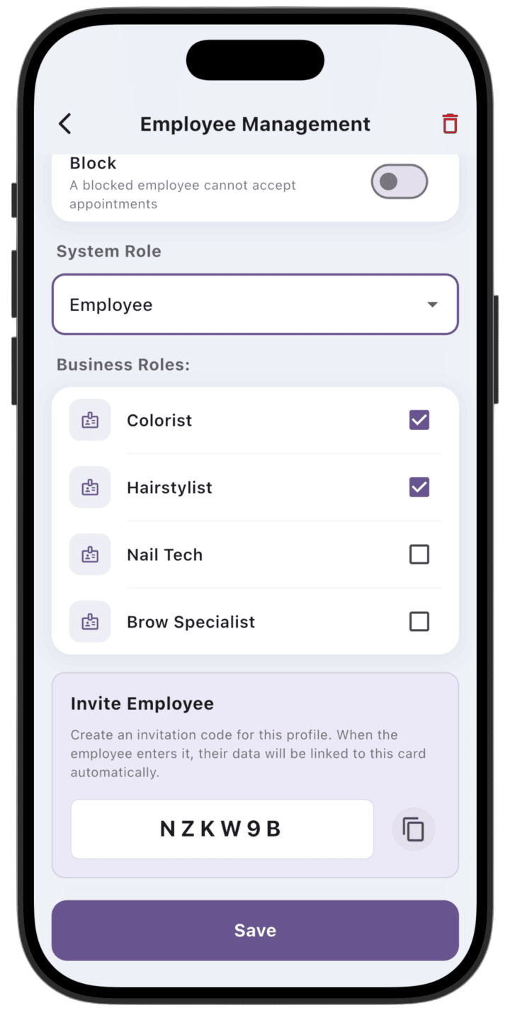 Screenshot: Creating an invite code from the employee profile (when the employee registered in the app after you created them manually, or when you created a profile for a second business owner)