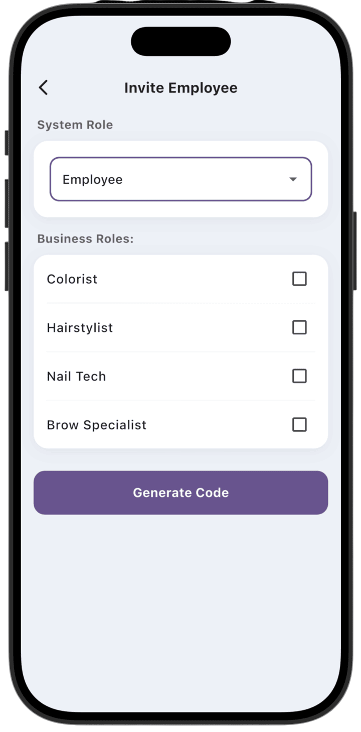 Screenshot: On this screen specify the system role (System Role), select business roles (Business Roles) for the invited employee, and tap **Generate code**. Pass this code to the employee.