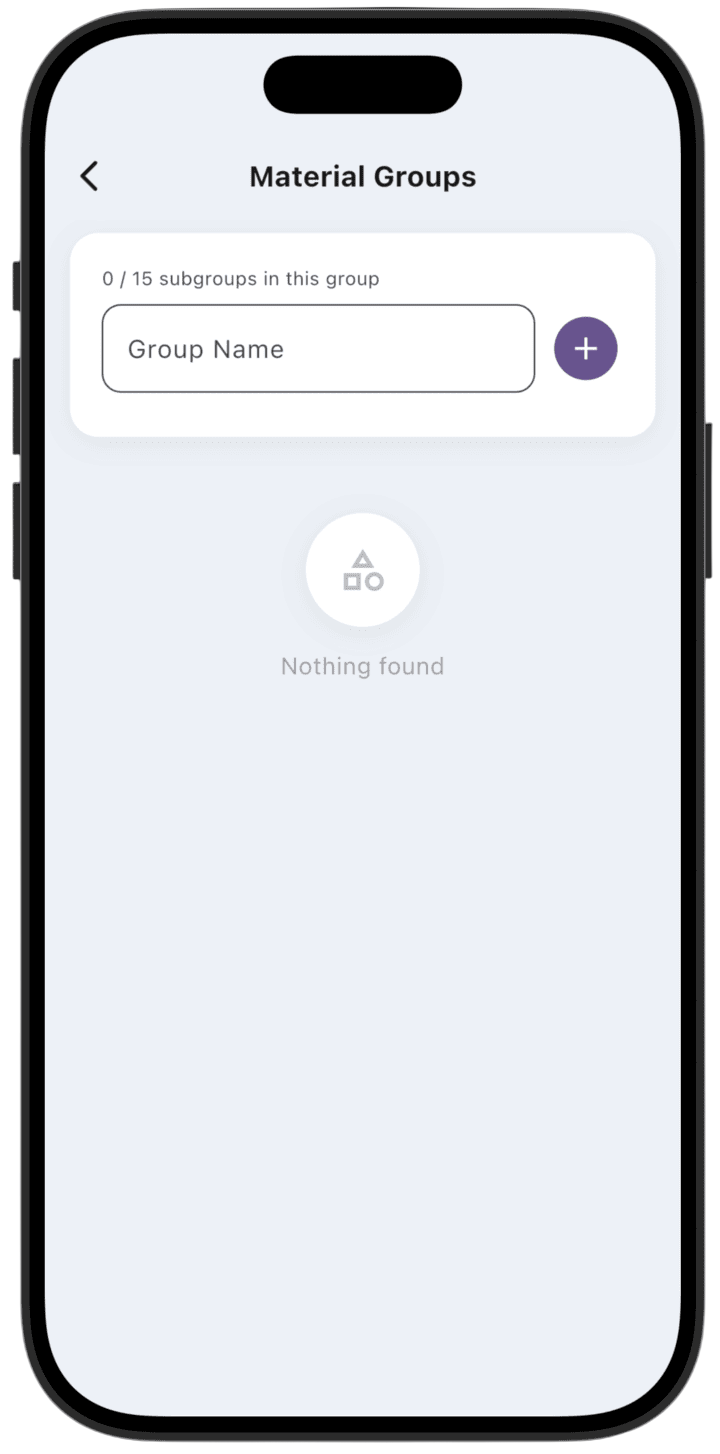 Screenshot: Enter a material group name and tap **+**