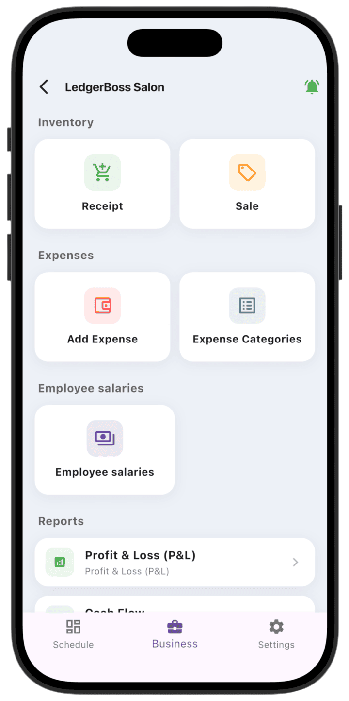 Screenshot: In the Business menu tap **Expense category**.