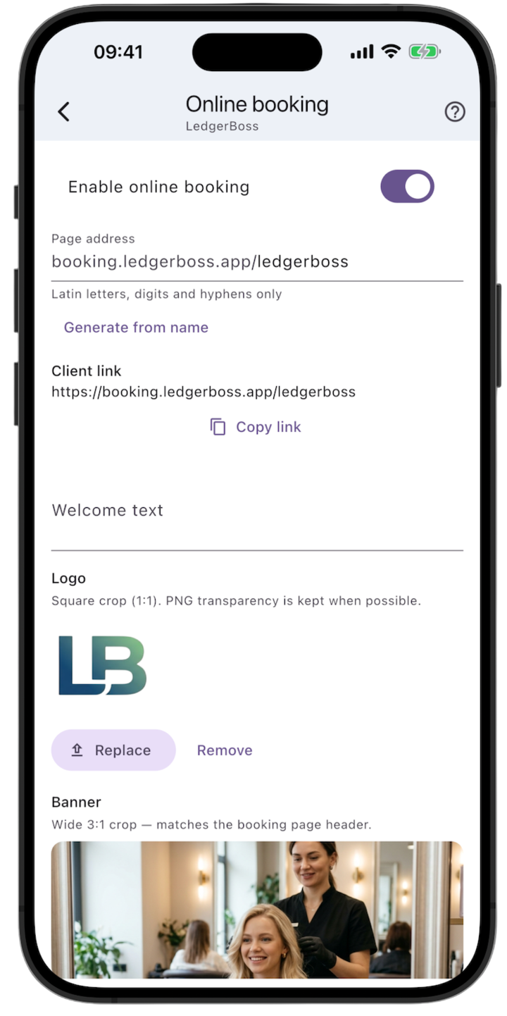 Screenshot: Turn the page on, set the address, and copy the client link