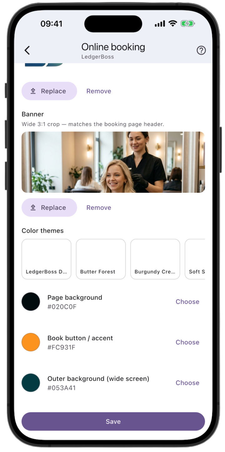 Screenshot: Set the banner, logo, and colors, then tap Save