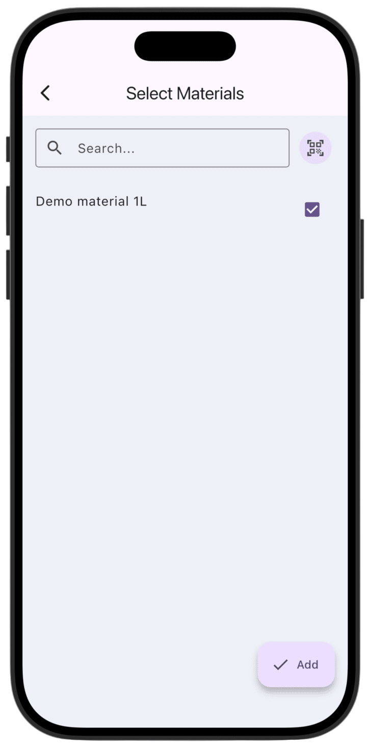Screenshot: Select materials from the list and tap **Add** in the bottom-right corner.