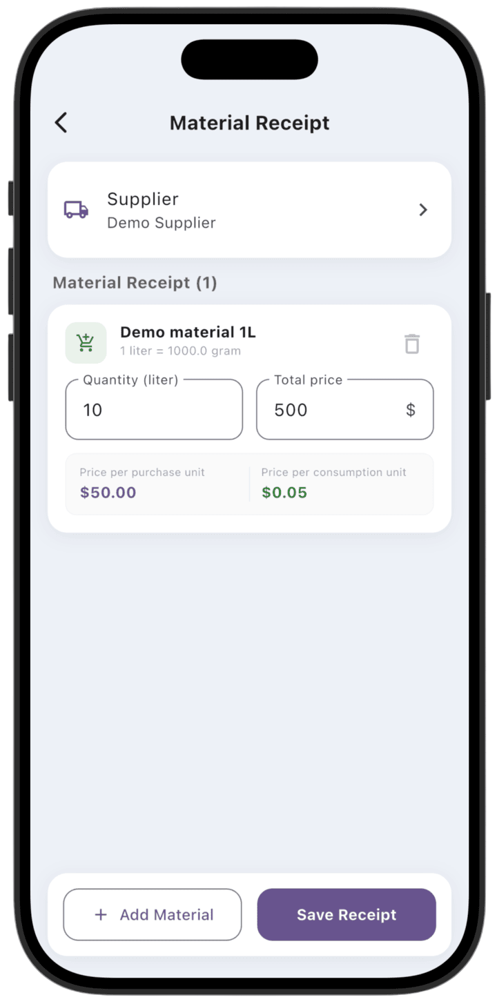 Screenshot: Enter quantity and total price, and price per purchase unit and consumption unit — unit price is calculated automatically. Tap **Save Receipt**.