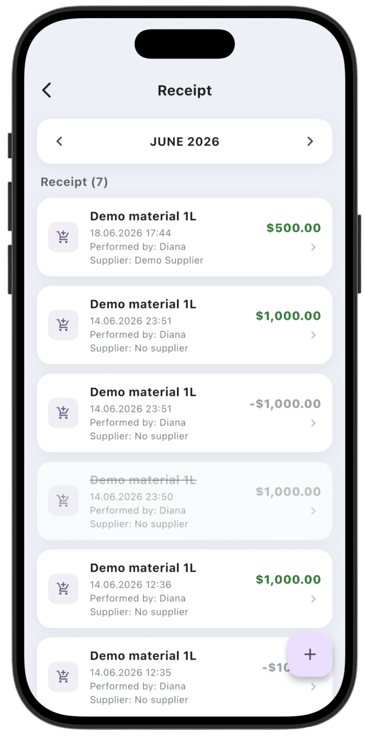 Screenshot: After saving, the new receipt appears in the list.