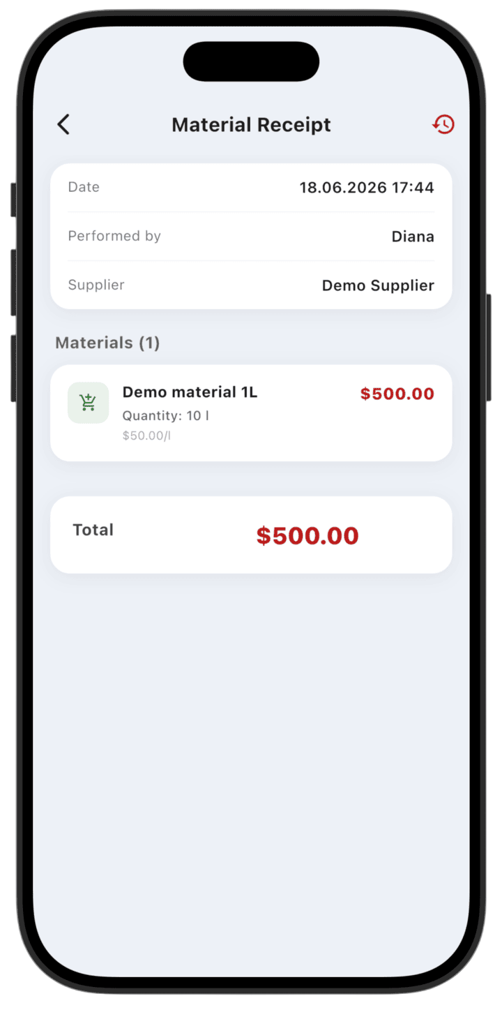 Screenshot: To reverse a material receipt, open the receipt screen and tap **Storno** in the top-right corner.