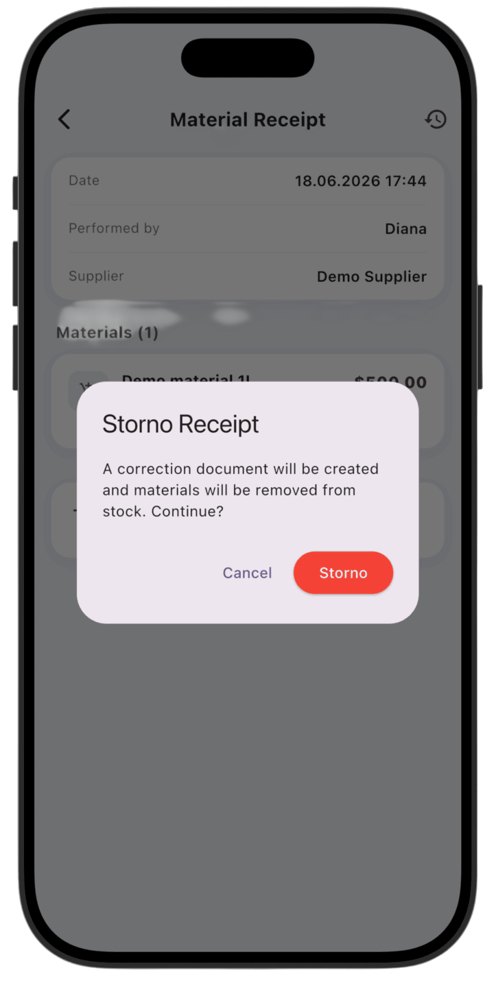 Screenshot: Confirm with **Storno**.
