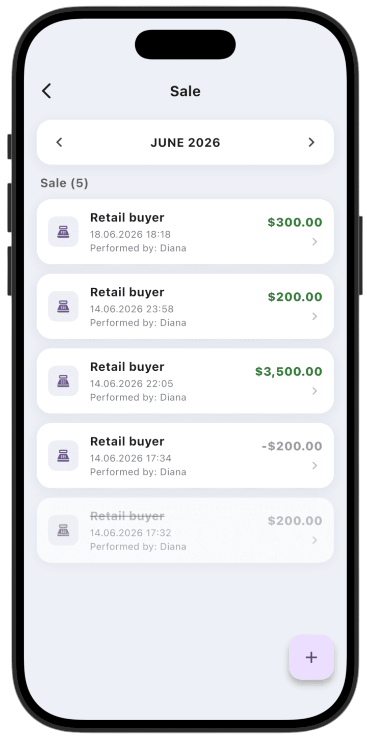 Screenshot: To create a material sale, tap the + button in the bottom-right corner.