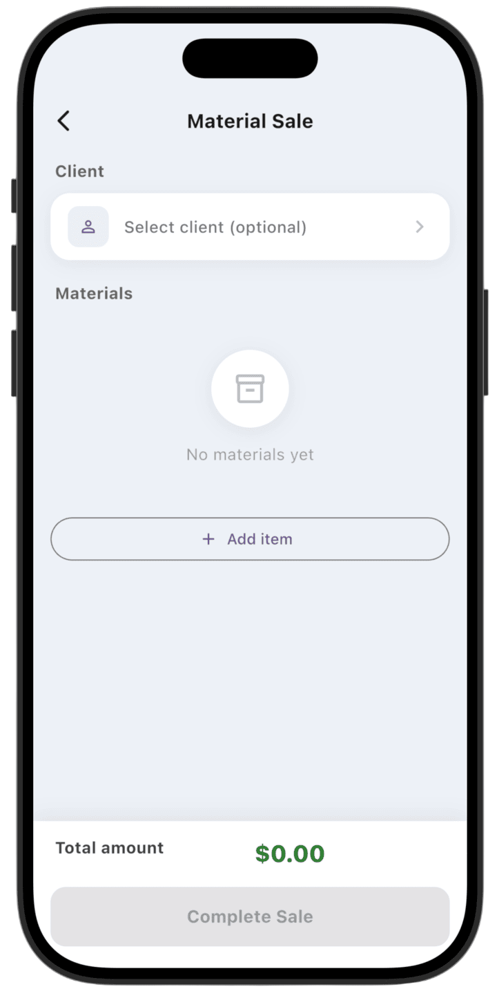 Screenshot: If you have created a client, you can select one with **Select client**. Specifying a client is optional. To choose materials to sell, tap **+ Add item**.