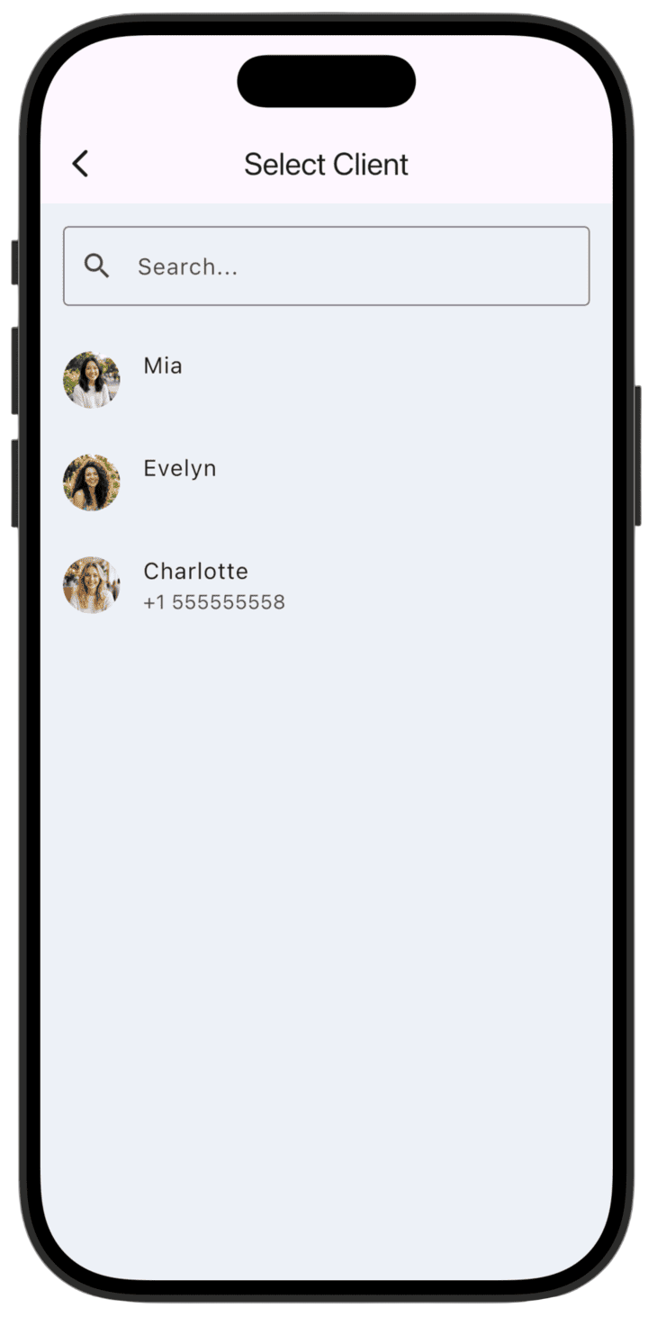 Screenshot: Select a client from the list if you have one.