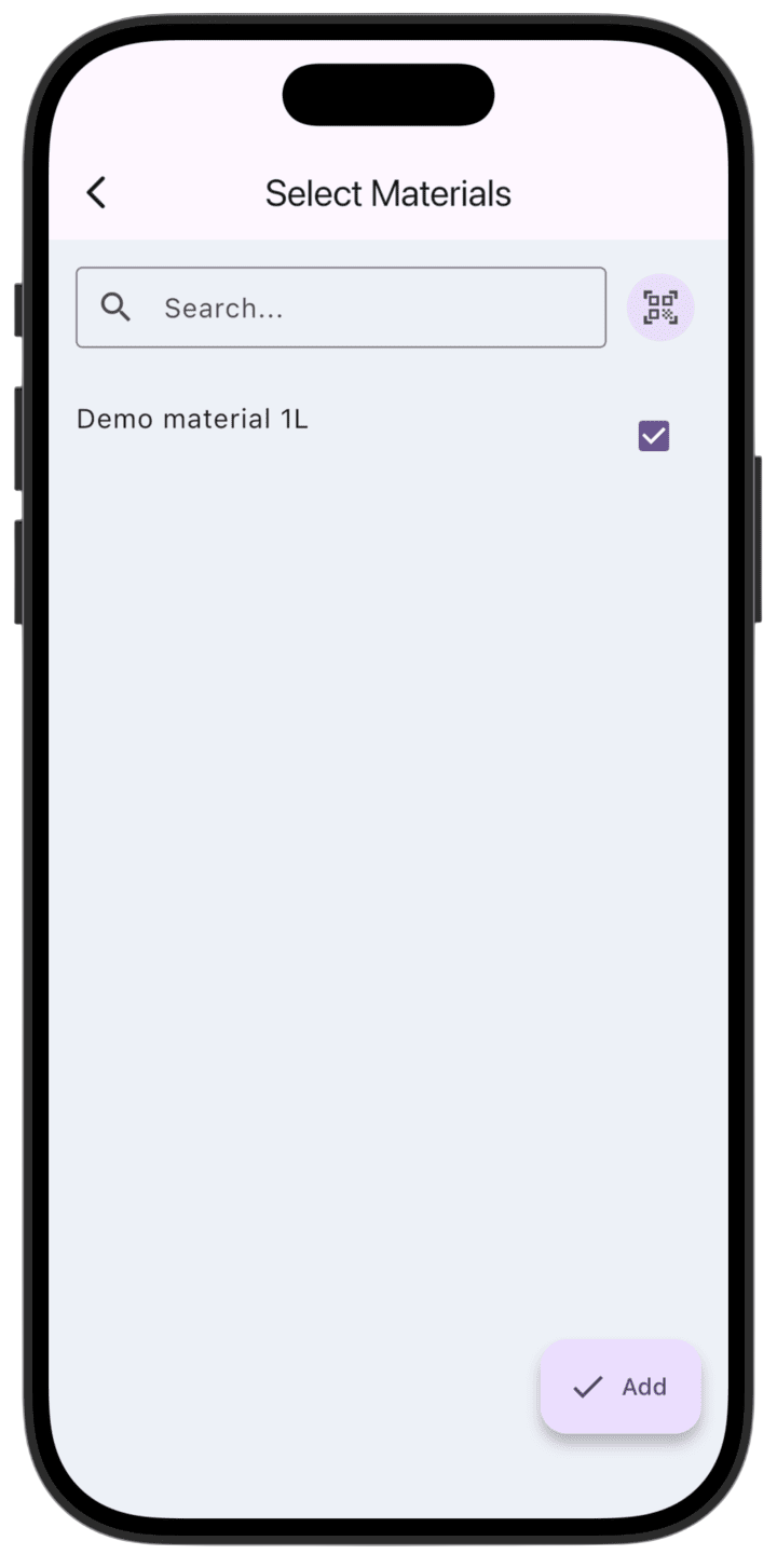 Screenshot: Select materials from the list and tap **Add** in the bottom-right corner.