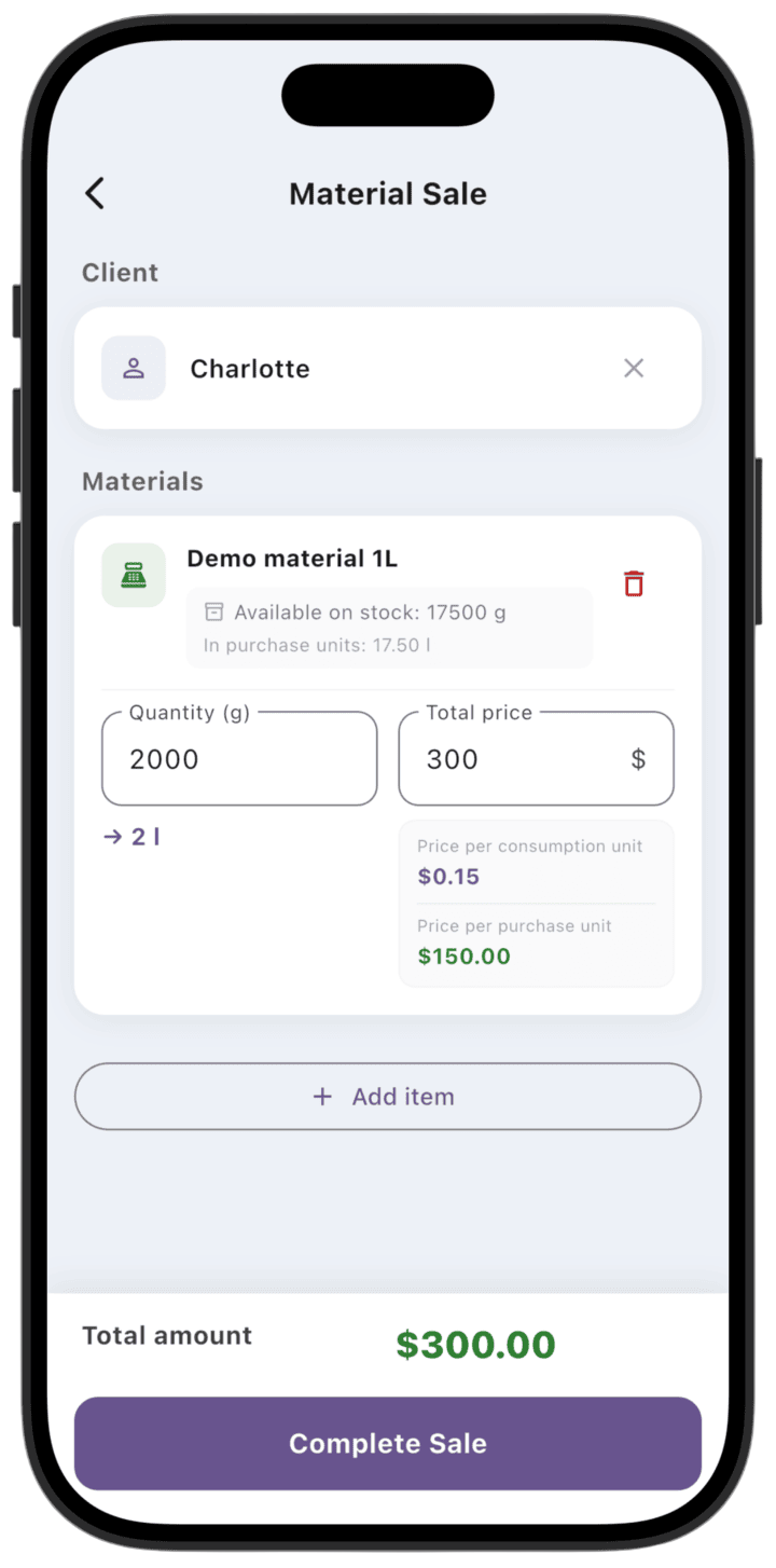 Screenshot: Enter quantity in consumption units and total price — price per consumption unit and purchase unit is calculated automatically. Tap **Complete Sale**.