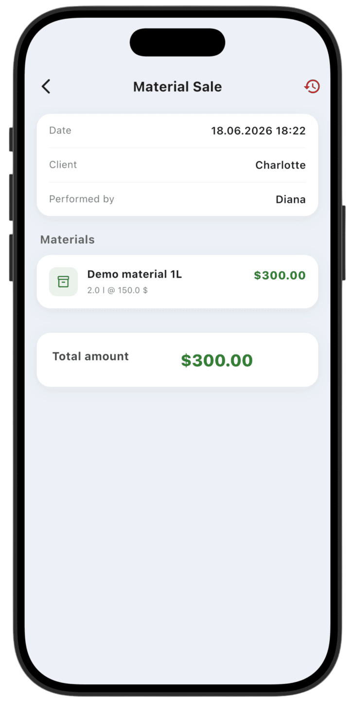 Screenshot: To reverse a material sale, open the sale screen and tap **Storno** in the top-right corner.