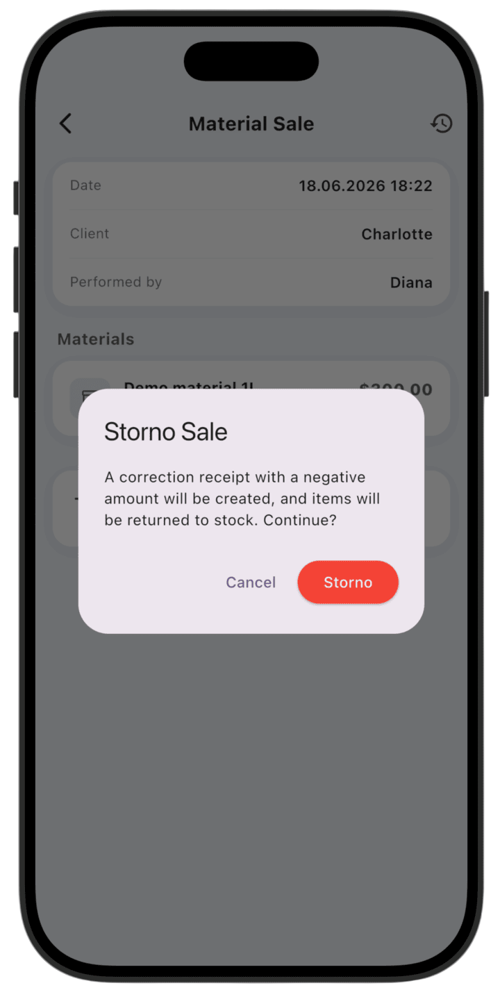 Screenshot: Confirm with **Storno**.