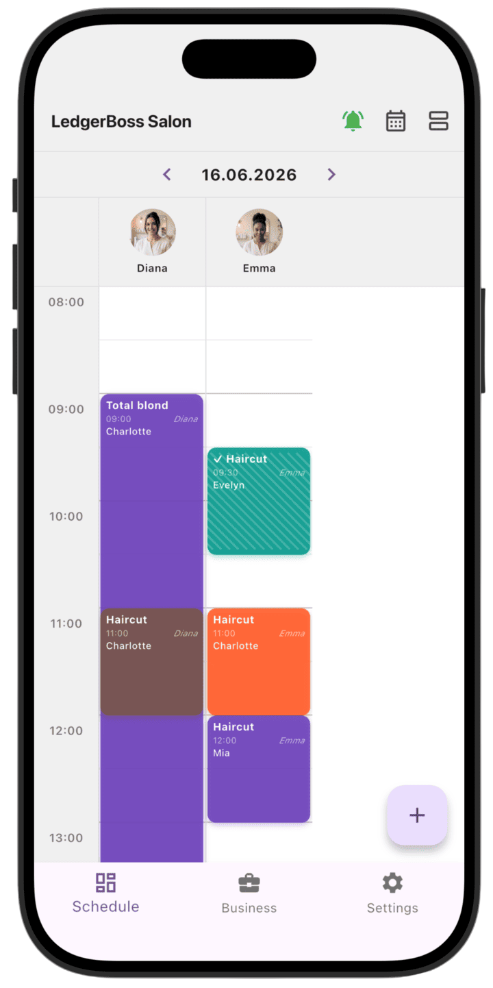Screenshot: Daily view — canceled and reversed services are hidden. Tap a specialist's photo to view their schedule.