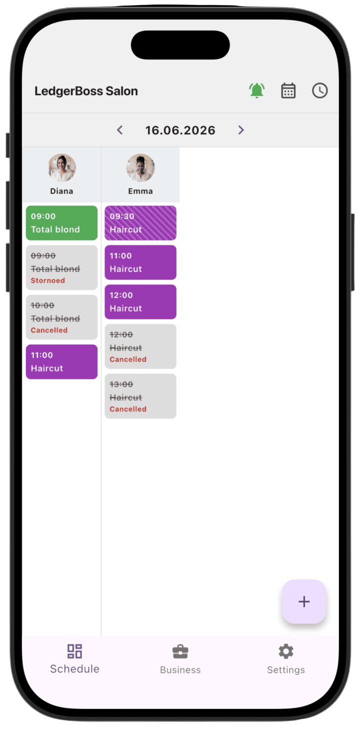 Screenshot: Another Daily view angle — all services for the day are shown, including canceled and reversed. Tap a specialist's photo to view their schedule.