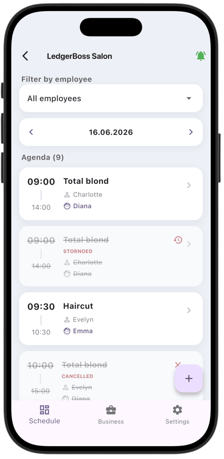 Screenshot: Agenda — a list of services for the day that will be performed that day, with filtering by specialist.