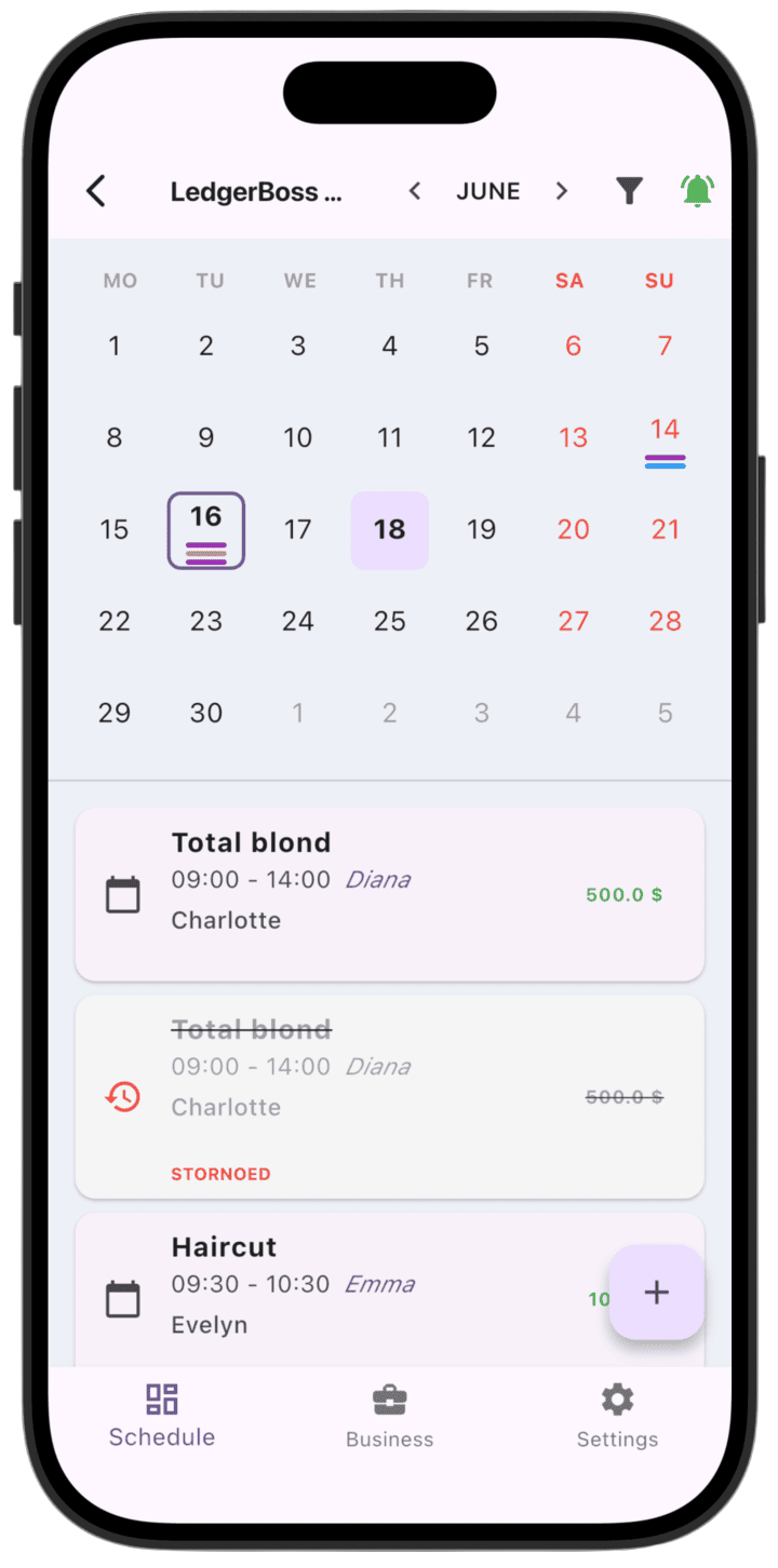 Screenshot: Monthly view — select a date to view services for that day.