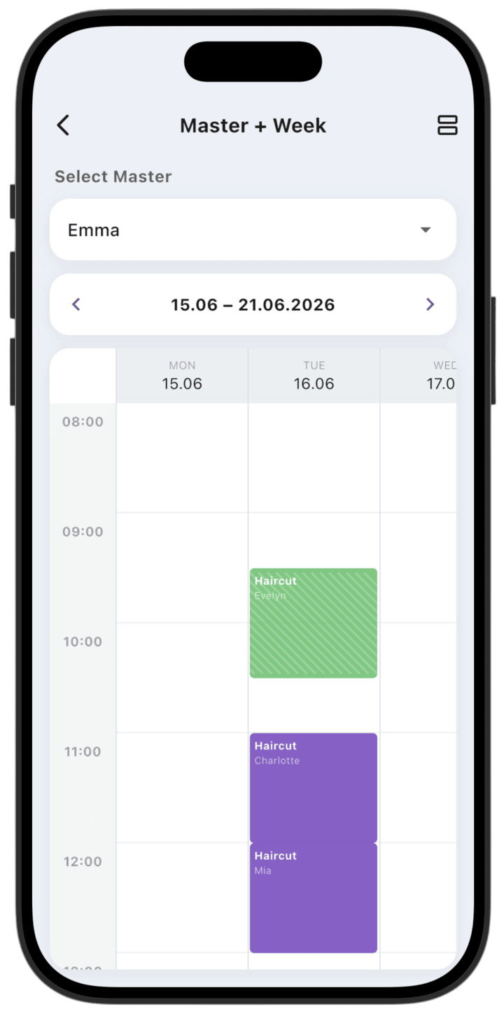 Screenshot: Master+Week — shows all services for the week for the selected specialist in timeline mode. Tap the list icon in the top-right corner to switch to the service list.
