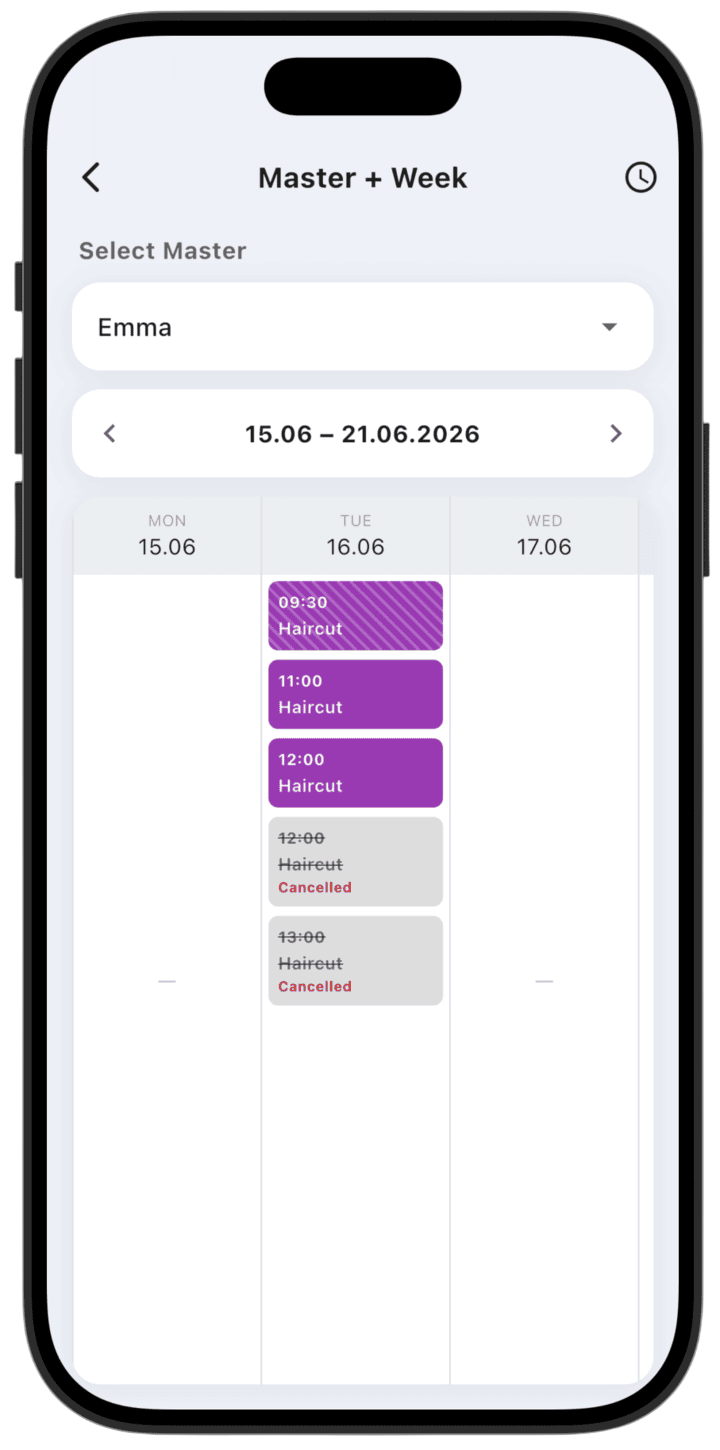 Screenshot: Master+Week in service list mode.