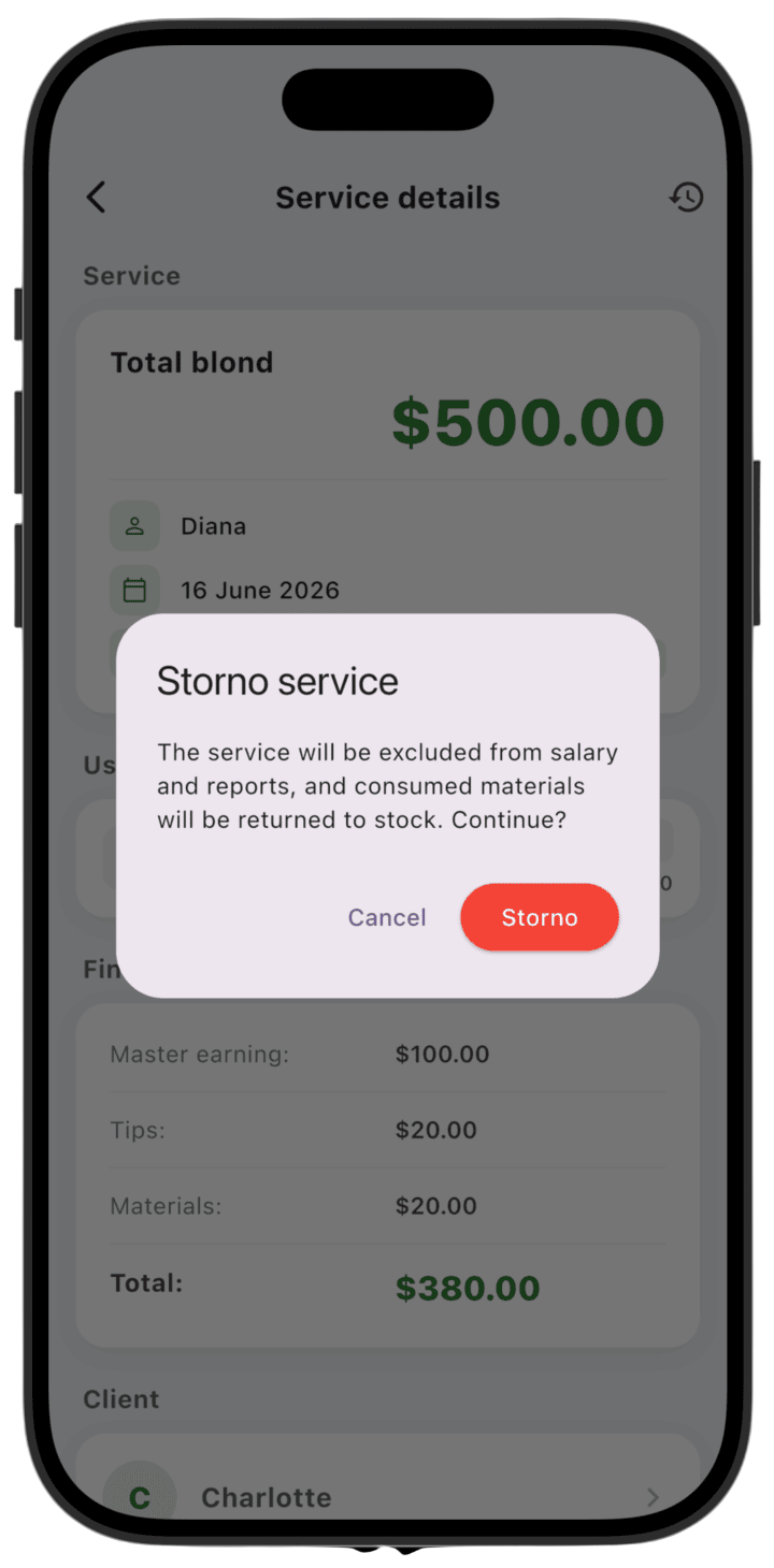 Screenshot: To reverse a service appointment, open service details and tap the red ⟲ (Storno) icon in the top-right corner, then confirm with **Storno**.