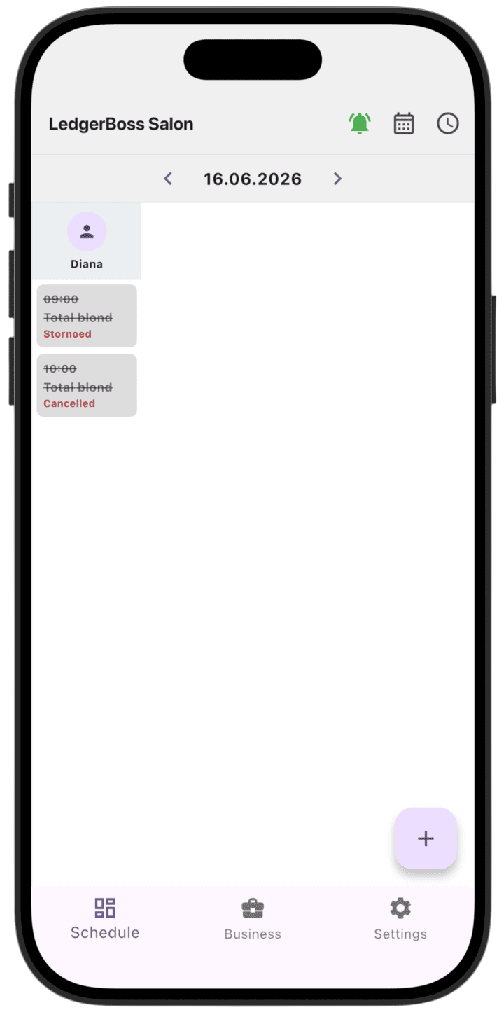 Screenshot: A reversed service appears on various schedule views with **Stornoed** status.