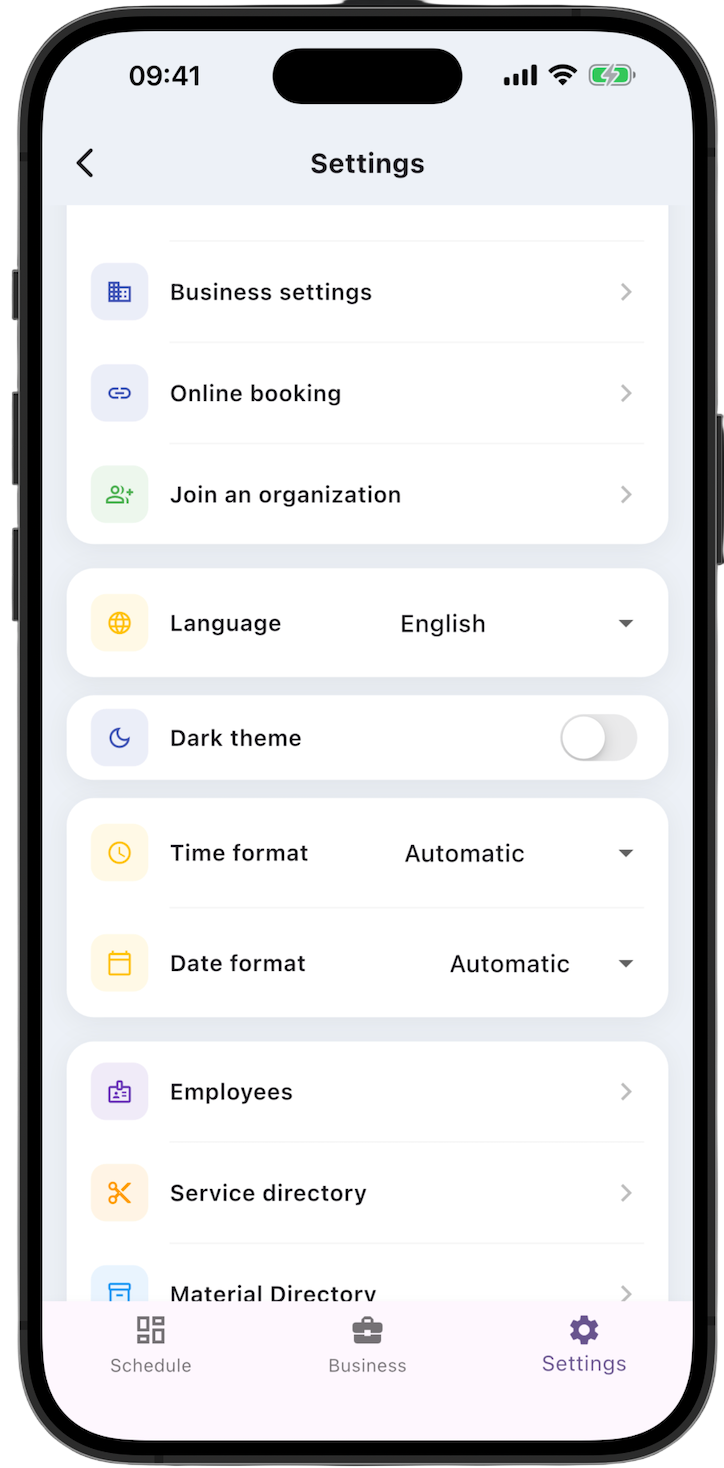 Screenshot: Online booking is set up in Settings: Business settings, Online booking, and Employees