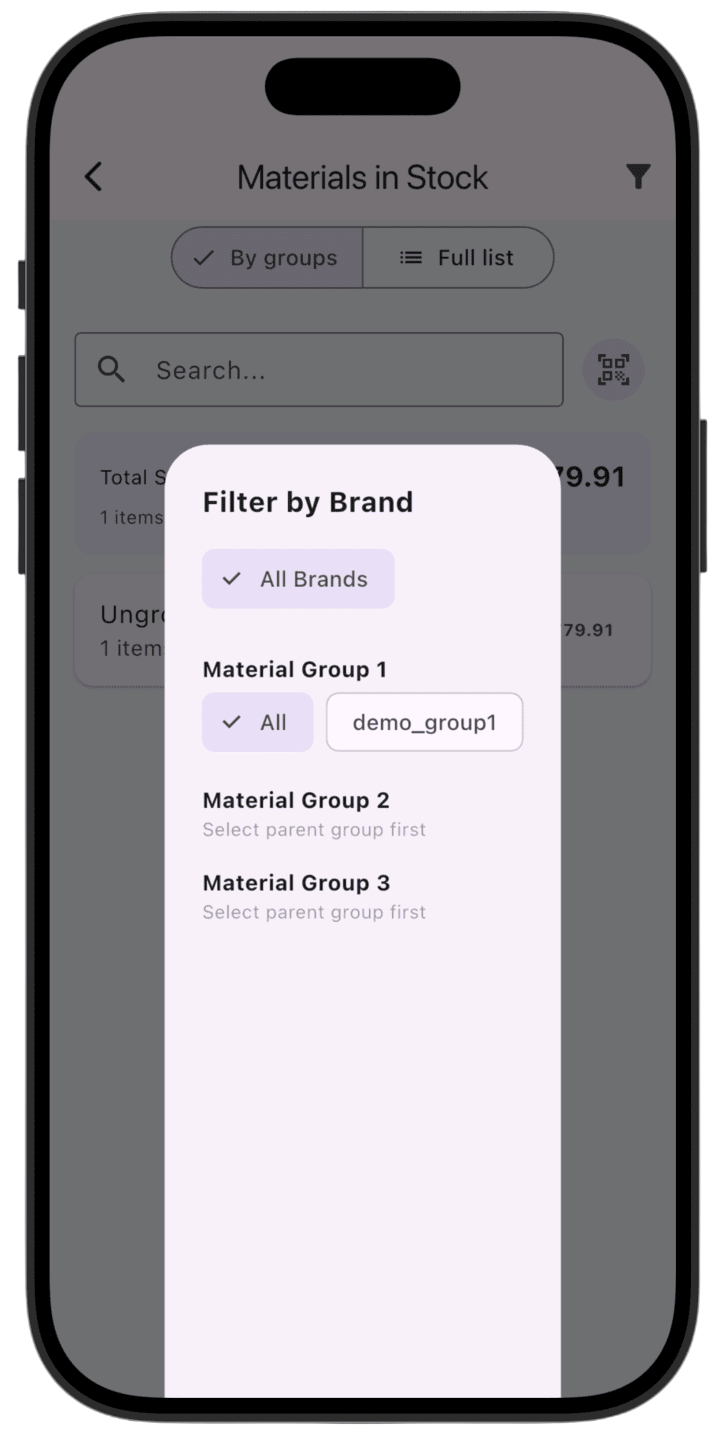 Screenshot: Filter by brands and material groups