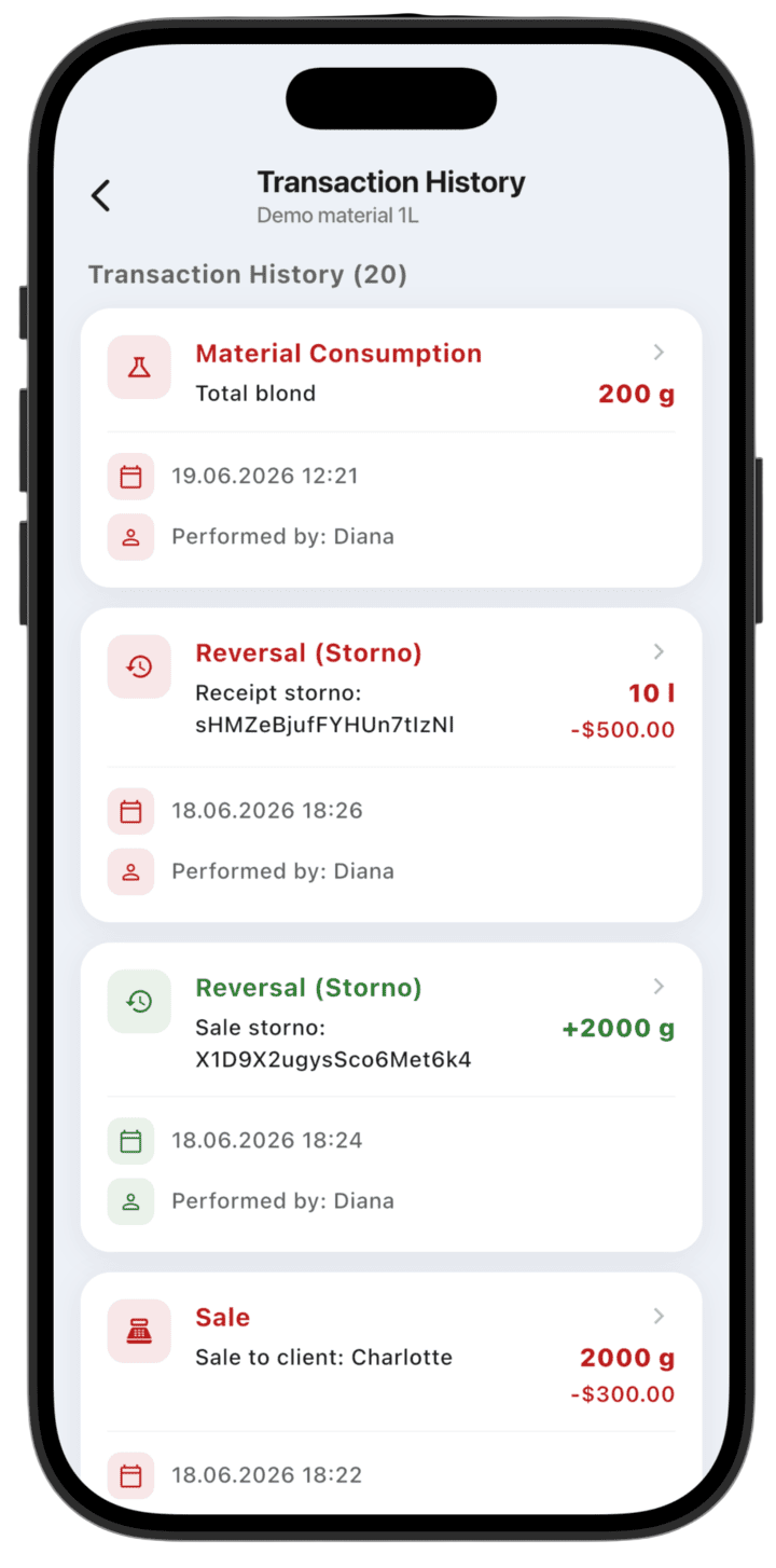 Screenshot: Detailed transaction log