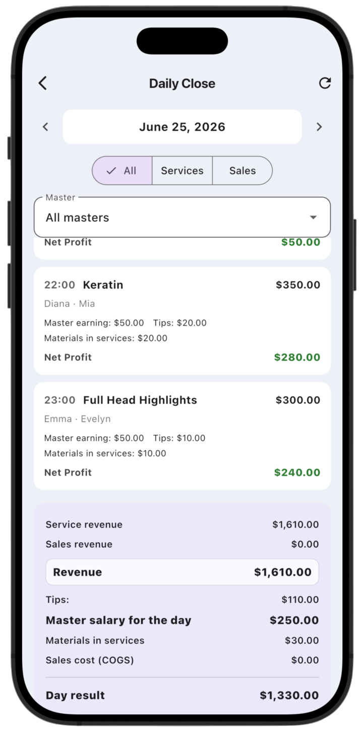 LedgerBoss daily close report with services, payroll, and day result
