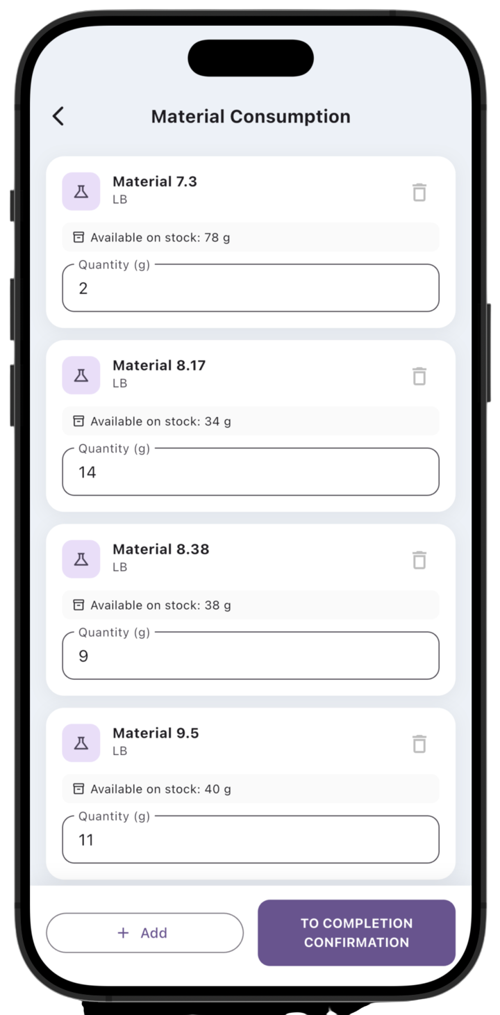 LedgerBoss material consumption when completing a service