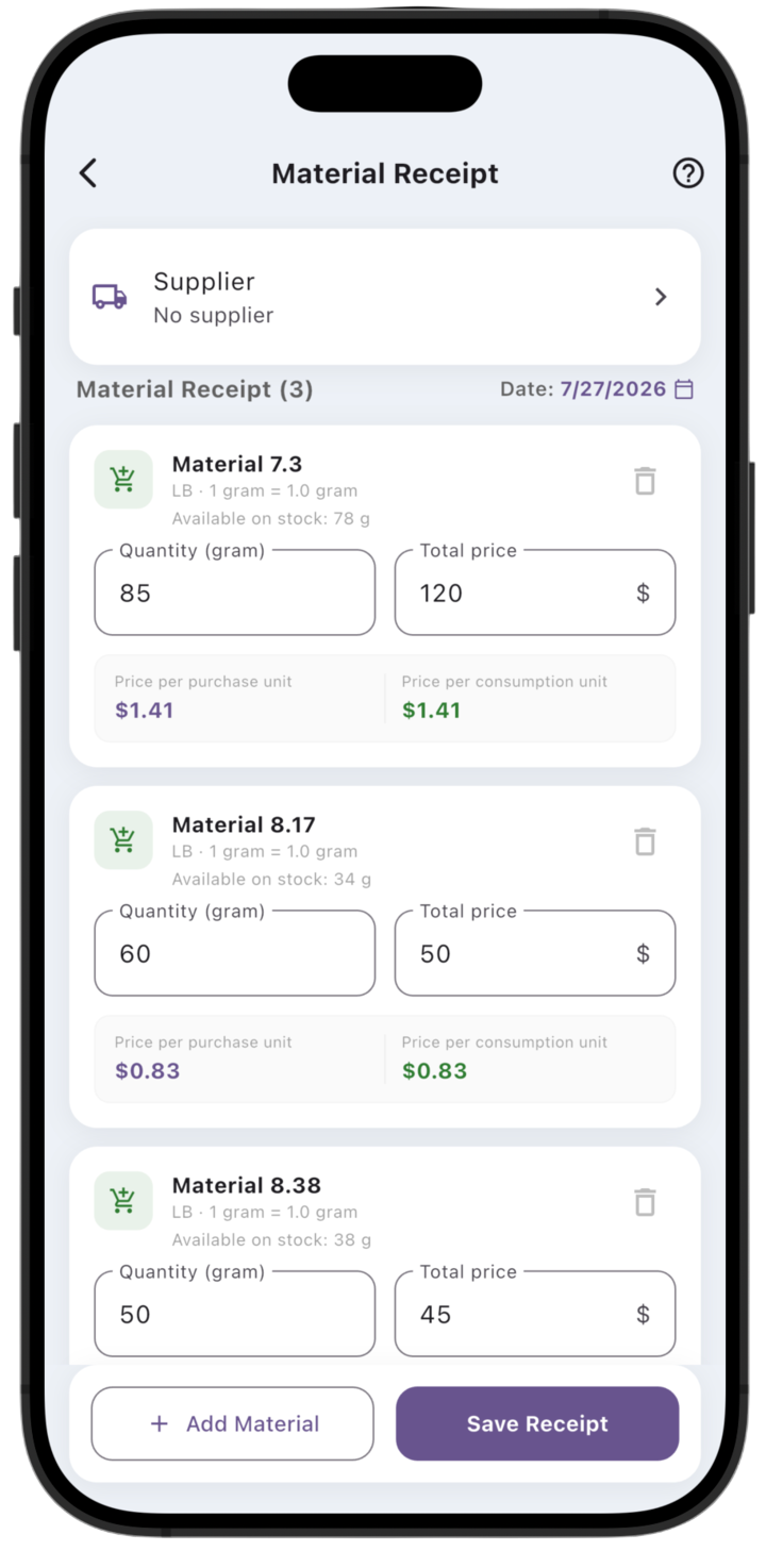 LedgerBoss material receipt with quantities and purchase prices