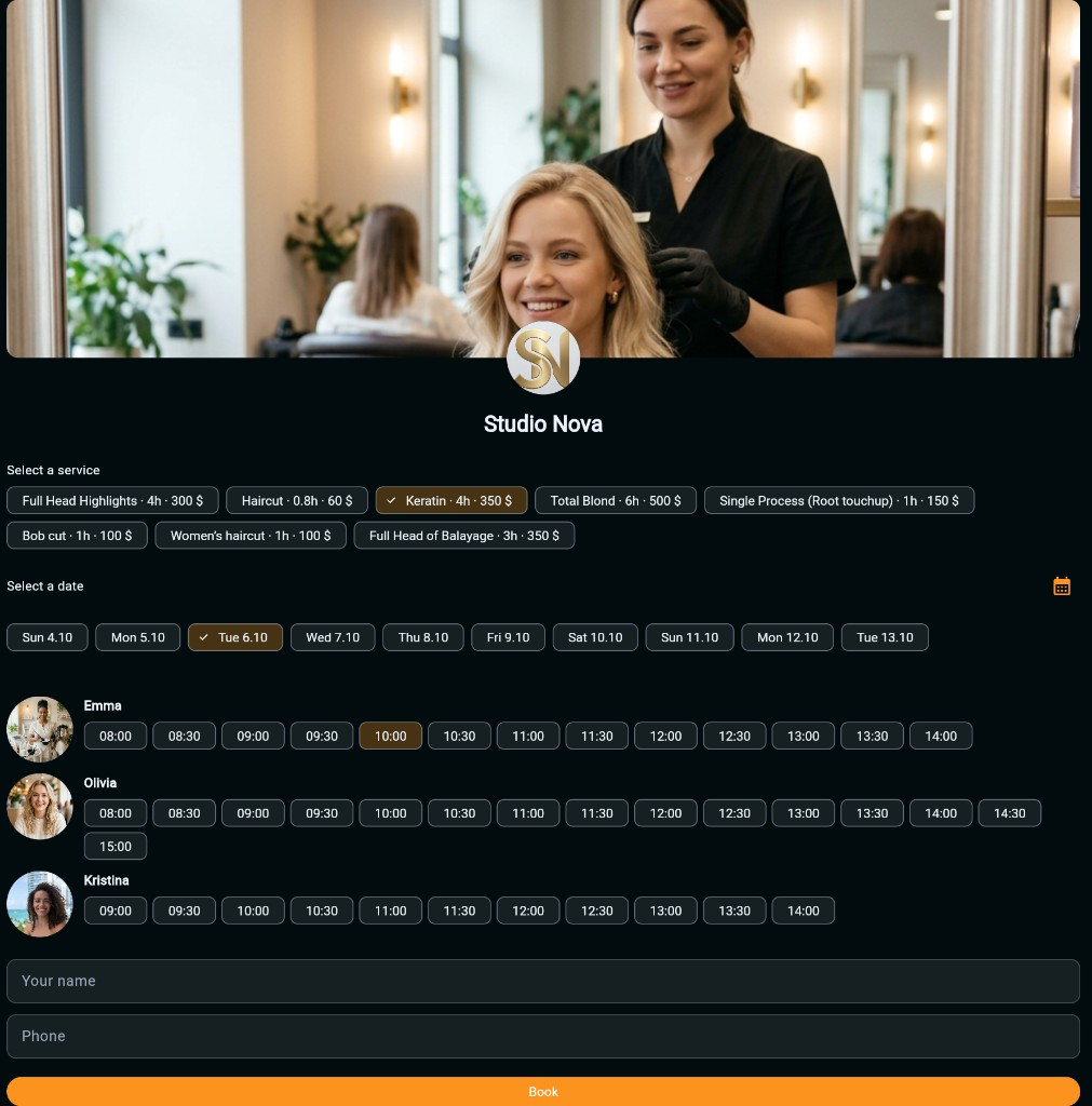 LedgerBoss online booking page for Studio Nova salon — client selects Keratin service, date, stylist time slot, enters name and phone, then taps Book
