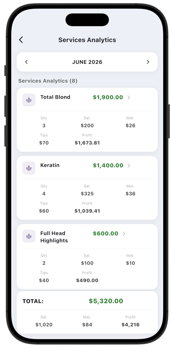 LedgerBoss services analytics with quantity, salary, materials, and profit