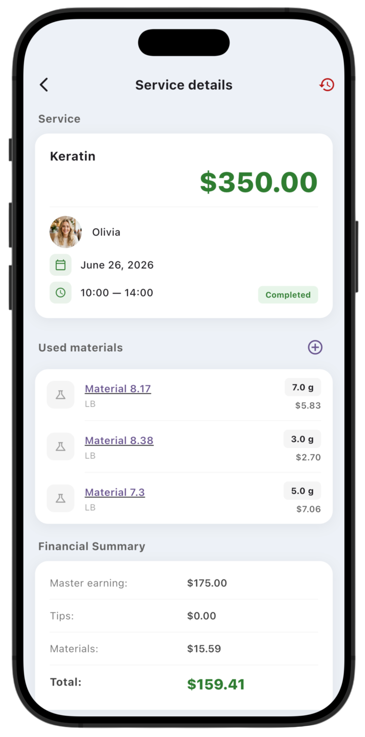 LedgerBoss completed service with used materials and financial summary
